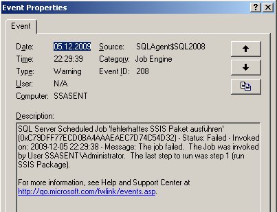 Ereignis-Details der SQL Server Agent-Meldung, dass der Job nicht erfolgreich war